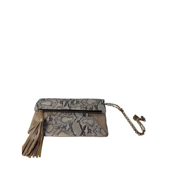 Snake Print Foldover Envelope Bag Clutch Purse Goldtone Chain Shoulder Strap - Picture 1 of 8